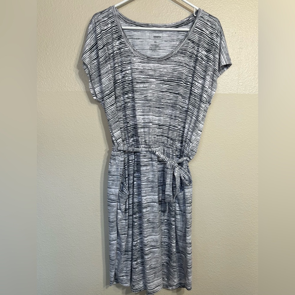 Sonoma black and White Smocked Tie Front Midi Dress with POCKETS XL